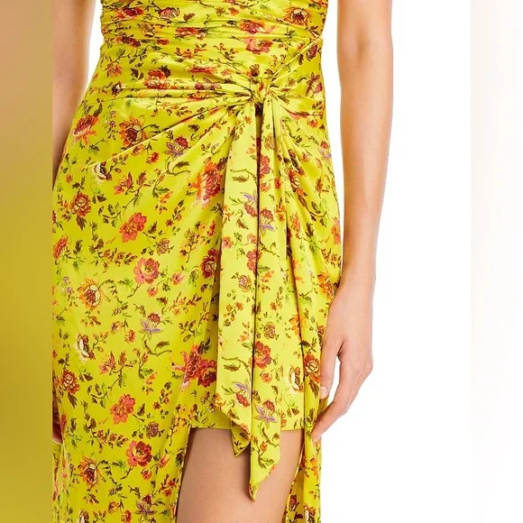 Cinq a Sept Katz Provence Dress 14 Yellow Floral Ruched Satin Midi Formal - Picture 6 of 16